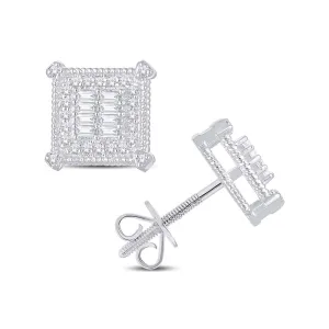 10K White Gold Diamond Earrings – 0.30 Carat Round & Baguette Square Frame Design