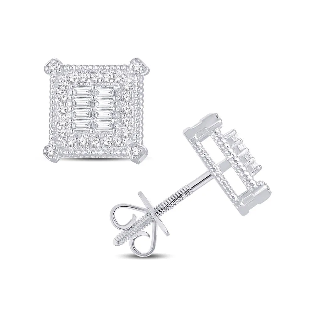 10K White Gold Diamond Earrings – 0.30 Carat Round & Baguette Square Frame Design