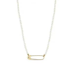 14k Gold Safety Pin Rice Pearl Necklace