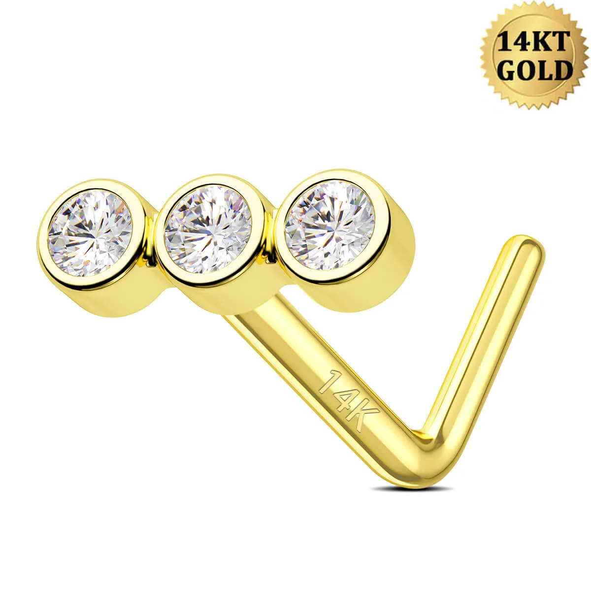 14K Solid Gold Three Clear CZ Beads Top L-Shape Nose Stud