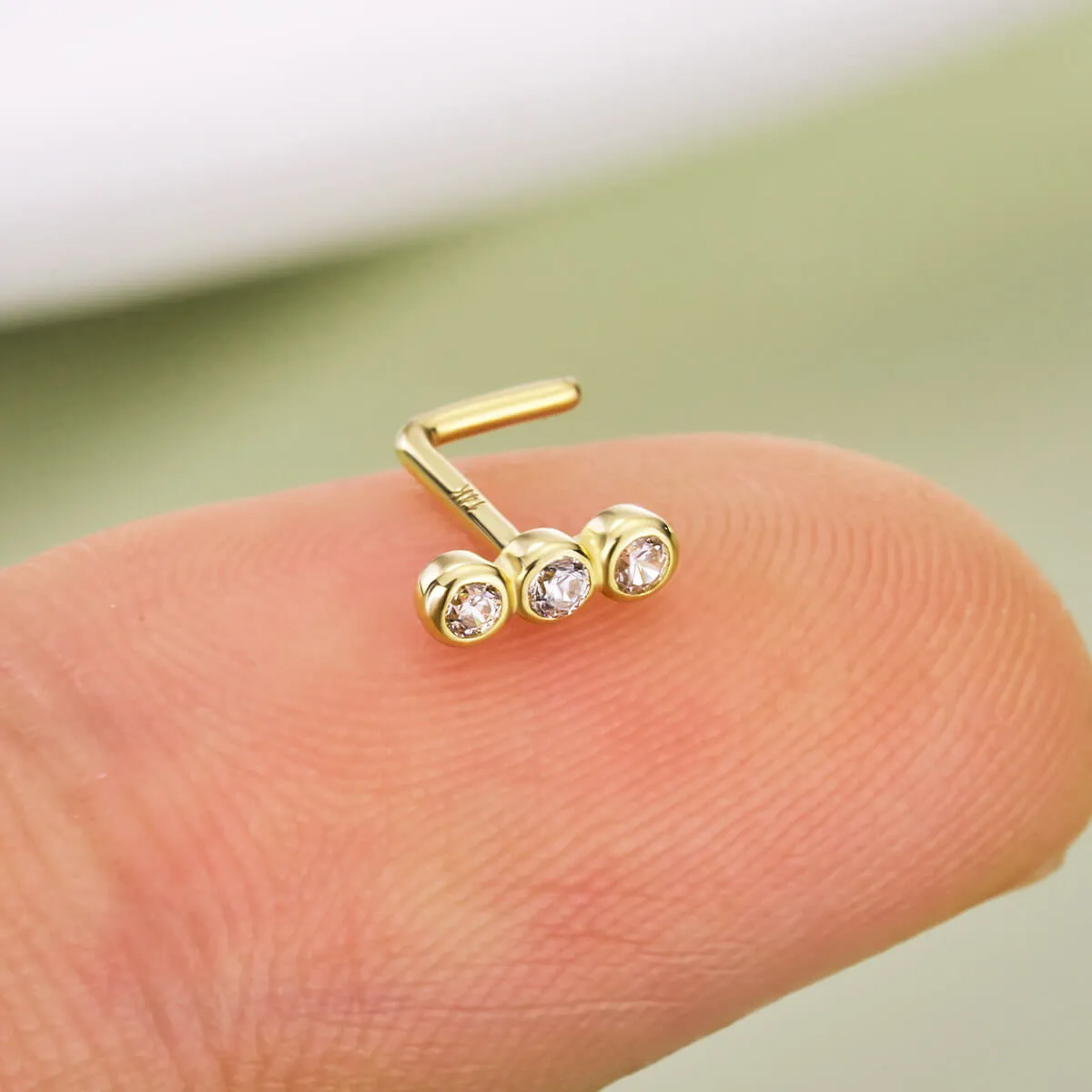 14K Solid Gold Three Clear CZ Beads Top L-Shape Nose Stud