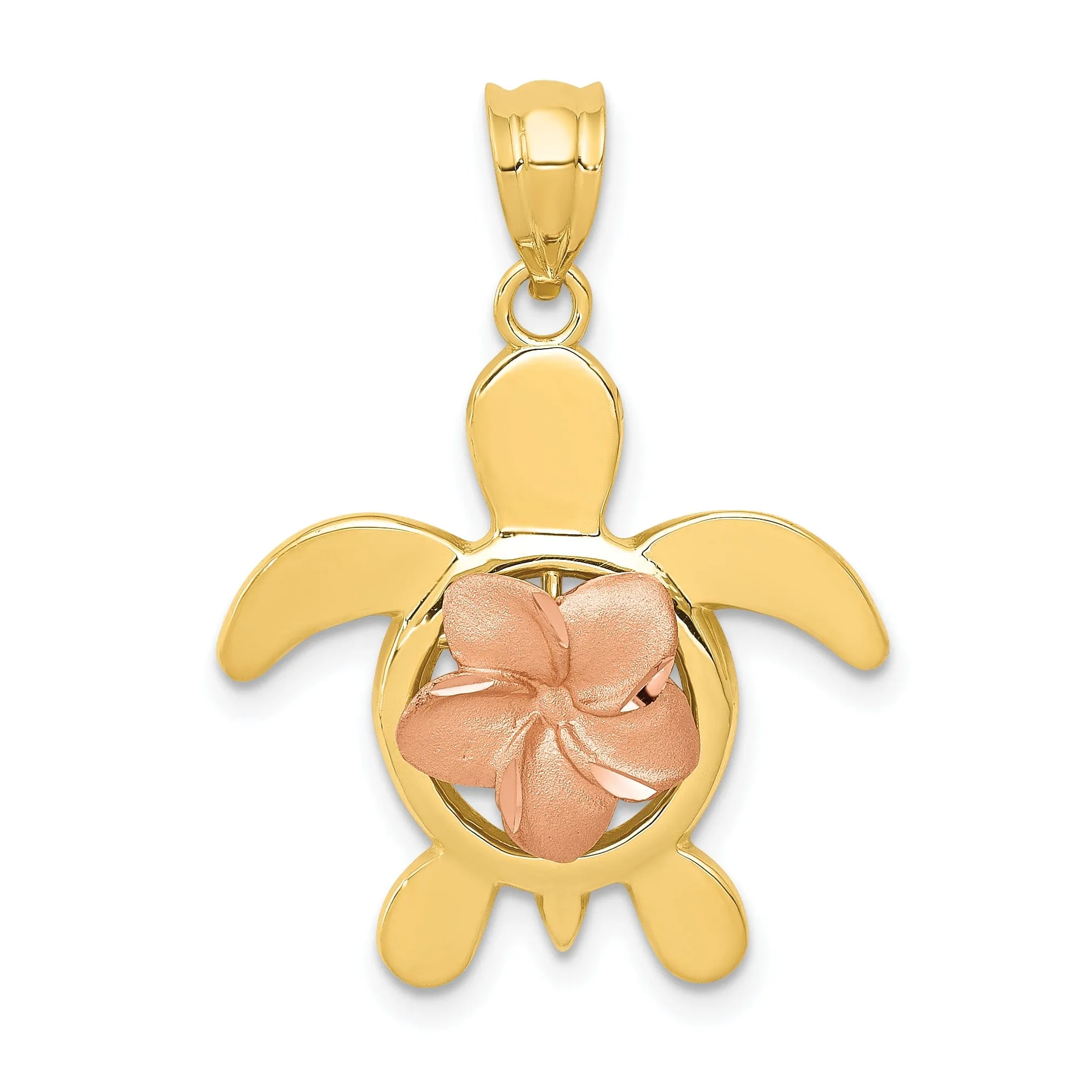 14k Two-tone Gold Diamond-cut Casted Solid Polished Finish Rose Plumeria Turtle Charm Pendant