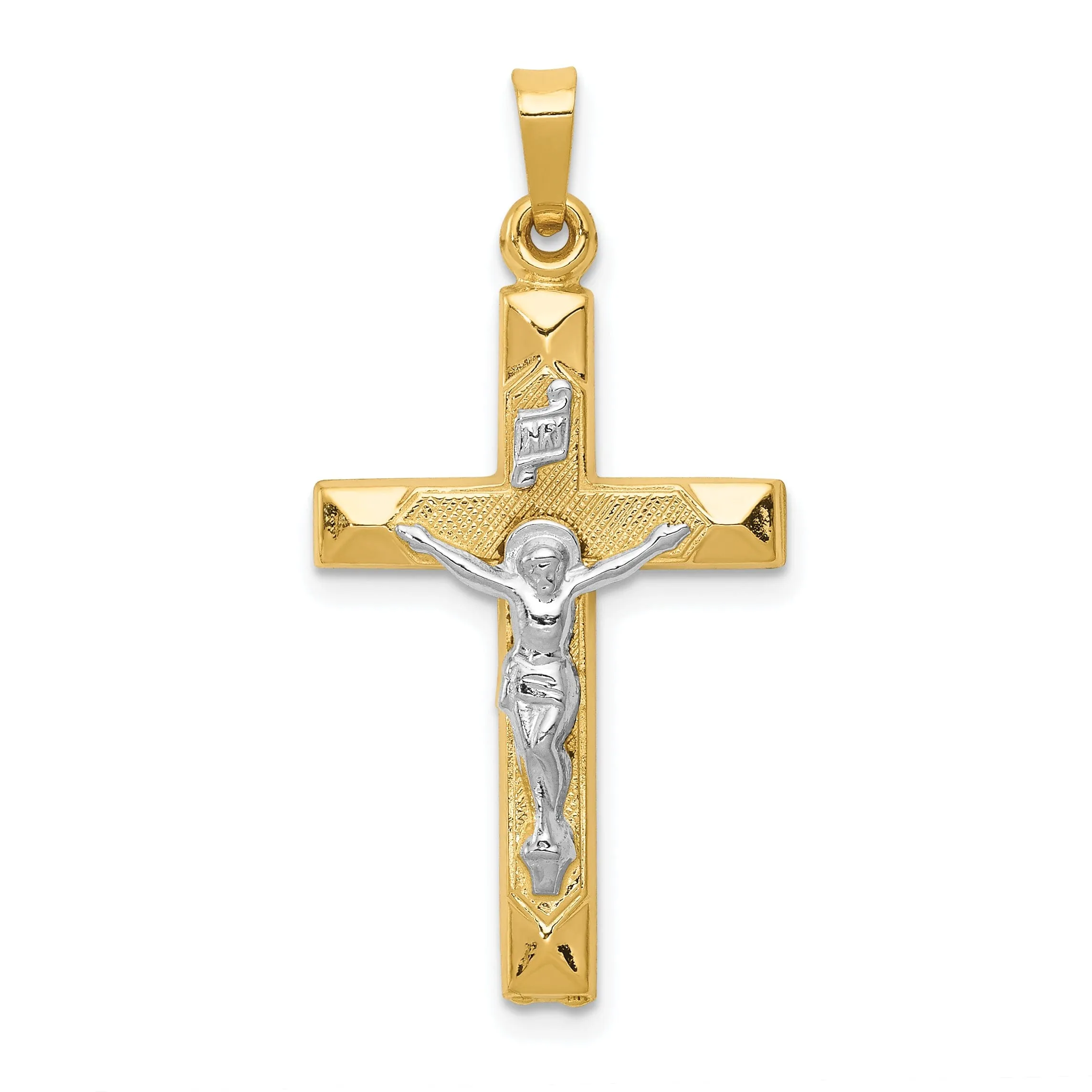 14k Two-tone Gold INRI Hollow Crucifix Pendant