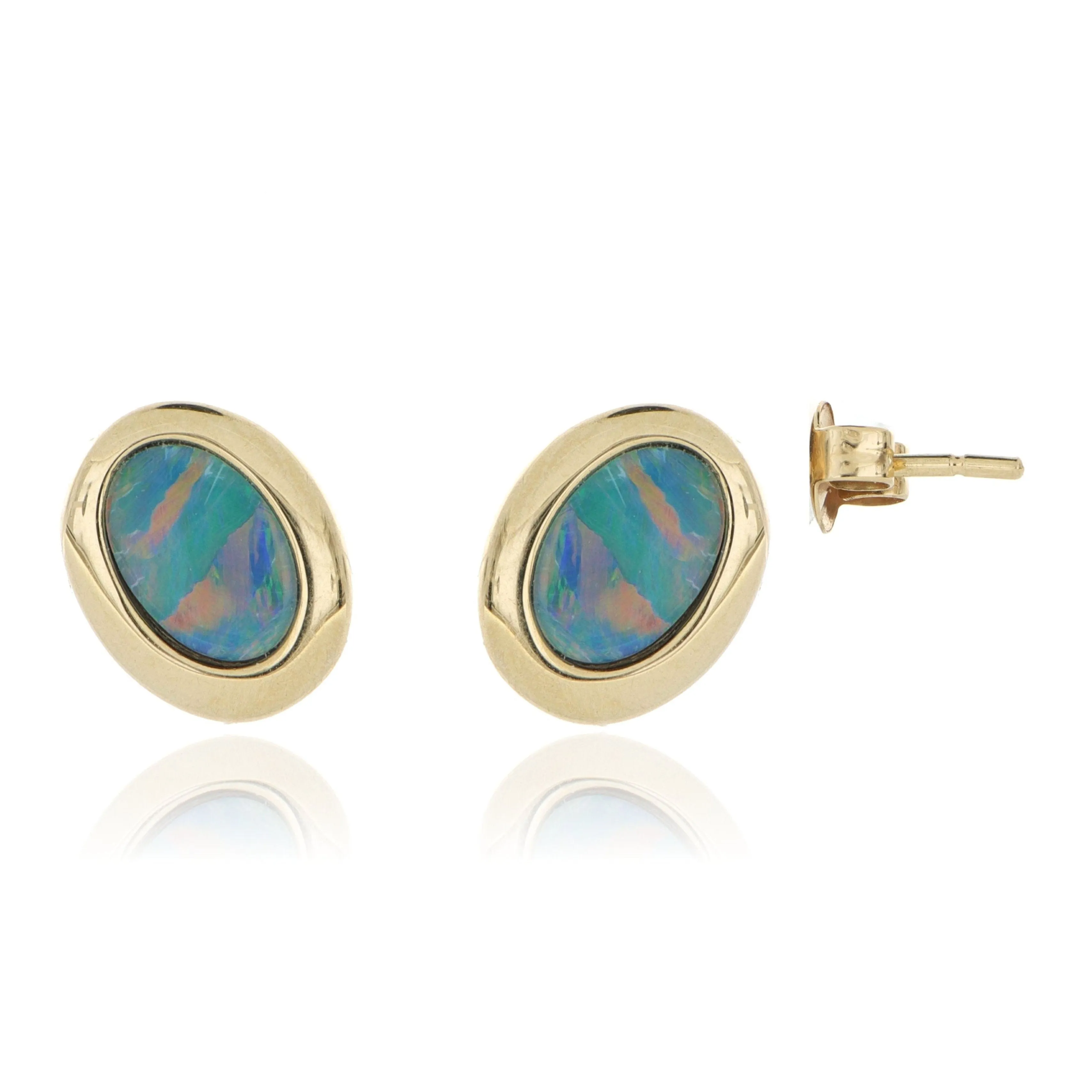 14k Yellow Gold Bezel Set Oval Opal Studs