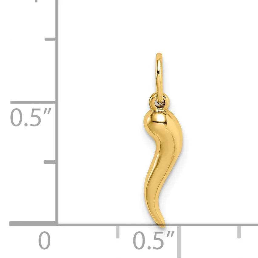 14k Yellow Gold Hollow Polished Finish Casted 3-Dimensional Italian Horn Charm Pendant