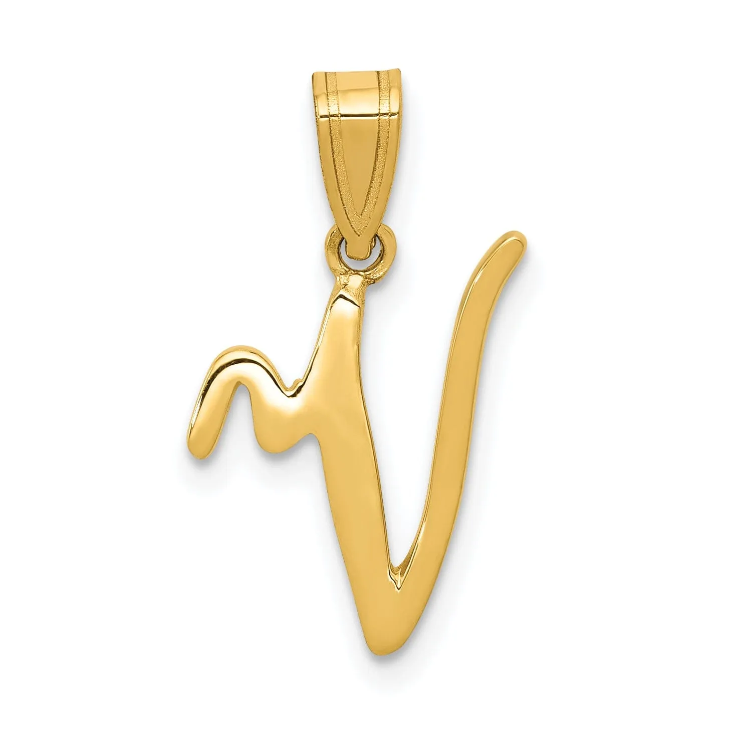 14K Yellow Gold Medium Size Script Design Letter V Initial Pendant