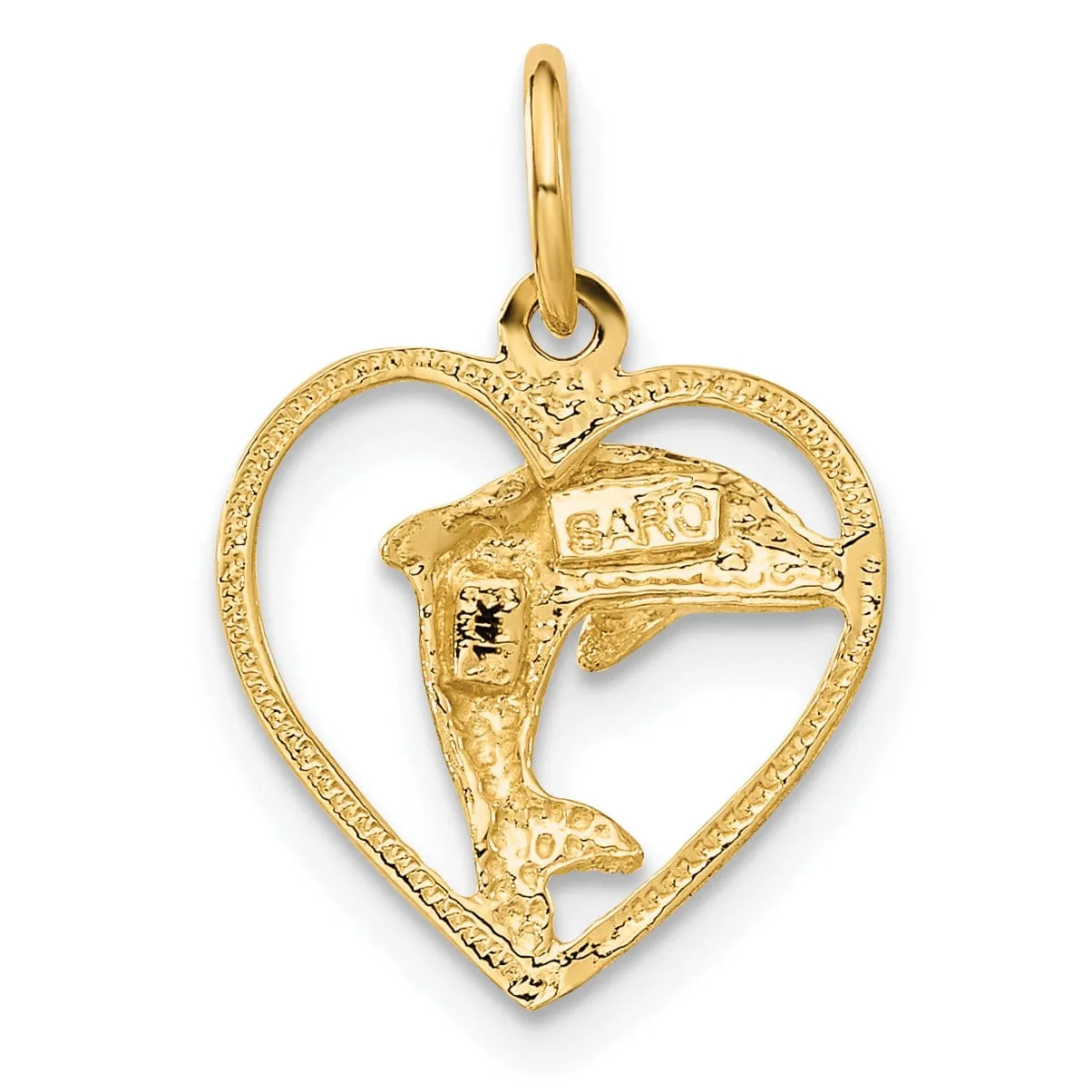 14k Yellow Gold Polish Finish Dolphin in Heart Design Charm Pendant