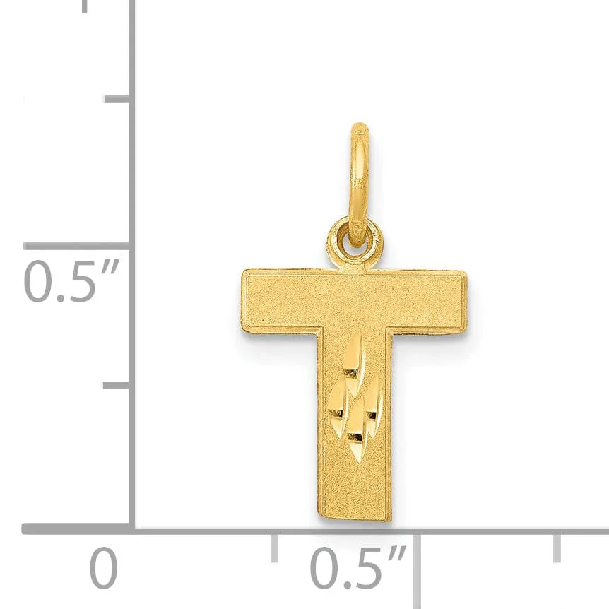 14k Yellow Gold Satin Diamond Cut Finish Letter T Initial Charm Pendant