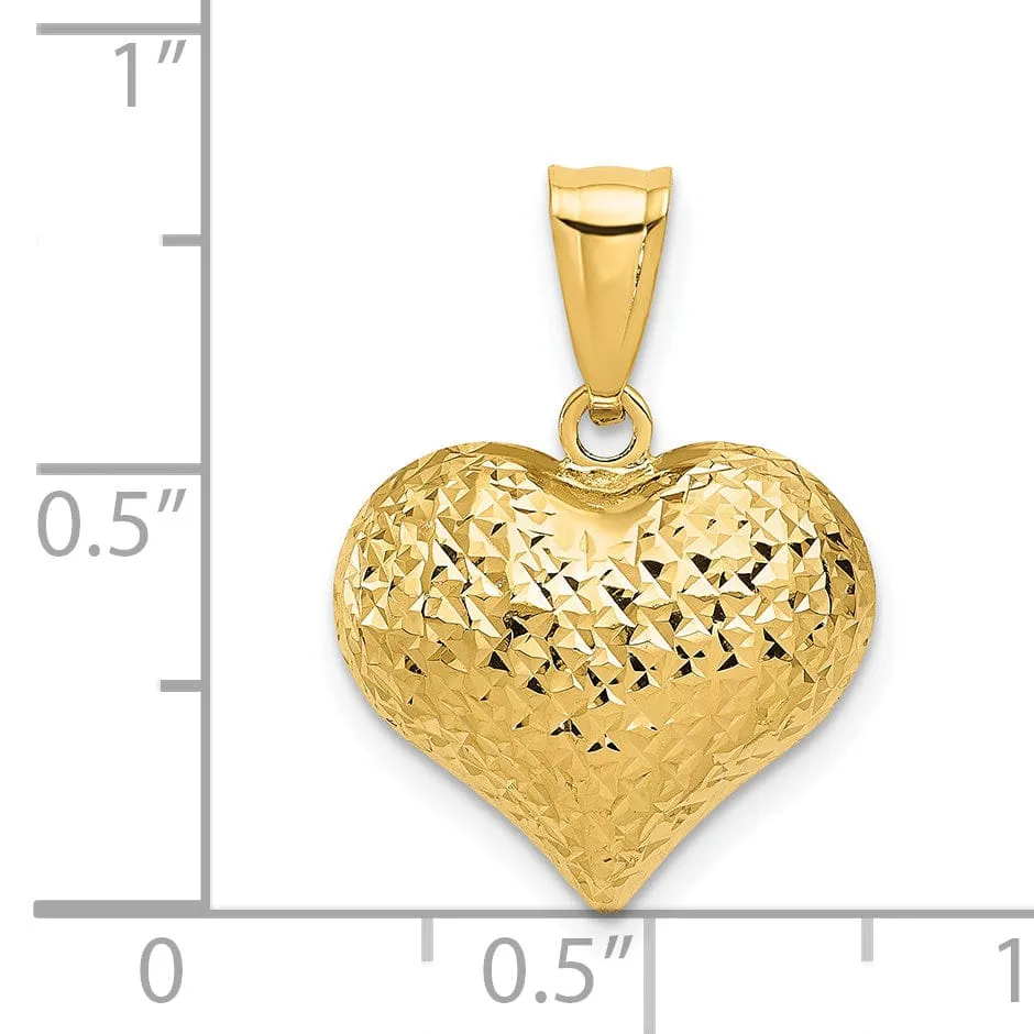 14K Yellow Gold Semi-Solid Diamond Cut Polished, Textured Finish 3-Dimensional Puff Heart Shape Design Charm Pendant