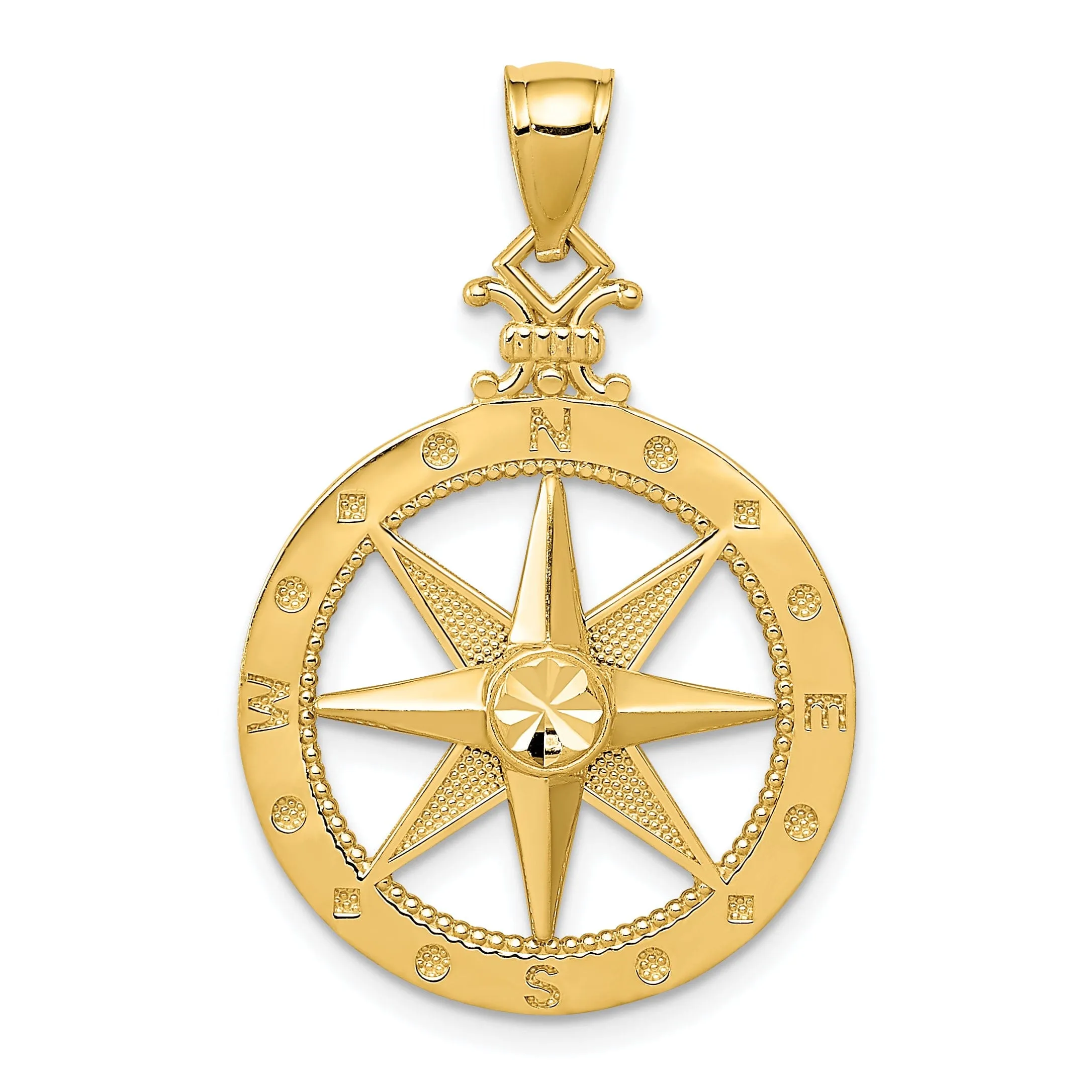 14k Yellow Gold Solid Compass Charm Pendant