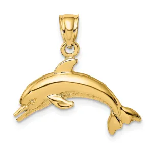 14K Yellow Gold Textured Polished Finish Dolphin Jumping Swimming Design Charm Pendant