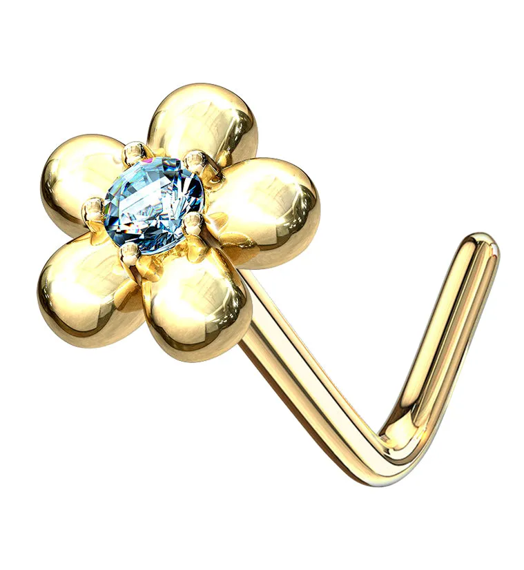 14kt Gold Daisy Aqua CZ L Bend Nose Ring