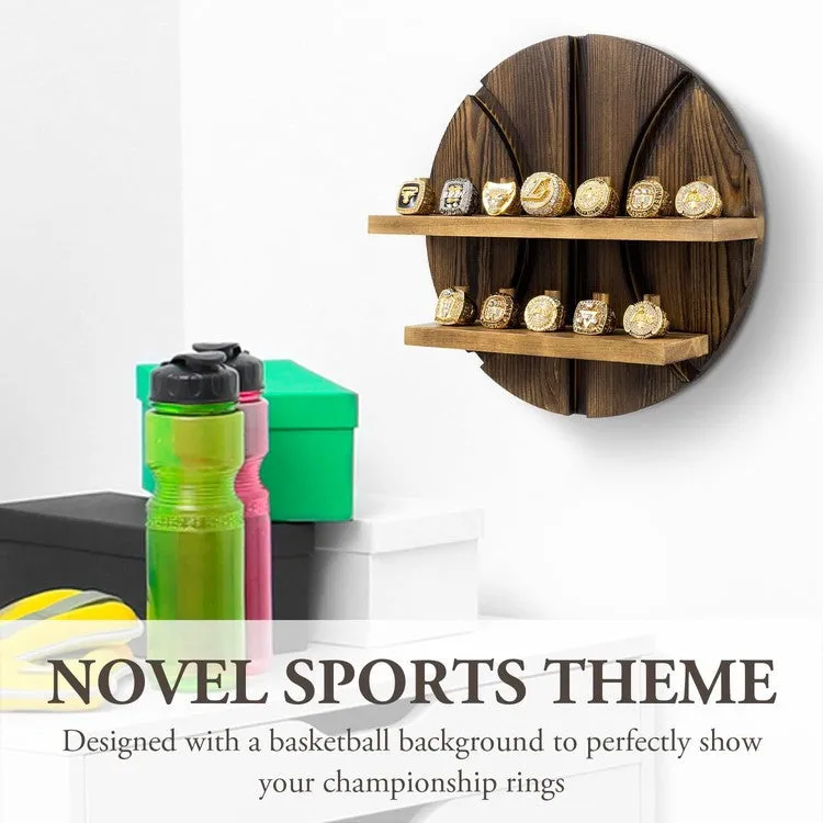 2 Tier Wall Mounted Brown Wood Sports Championship Ring Holder, Jewelry Storage Display