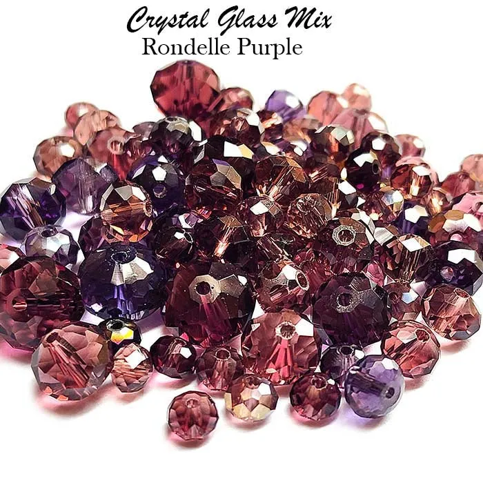 50 Grams Pkg. Purple color shade, Rondelle Faceted Crystal Mix size glass beads Size mostly encluded as 6mm, 8mm, 10mm, to some extent 4mm and 12mm mixed