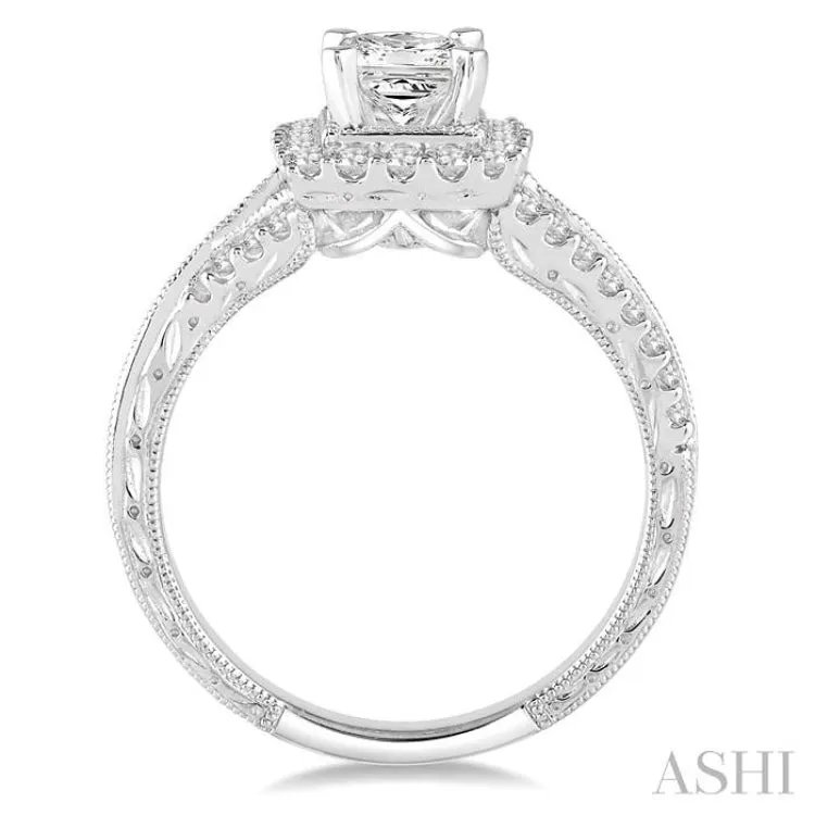 7/8 Ctw Diamond Engagement Ring with 3/8 Ct Princess Cut Center Stone in 14K White Gold