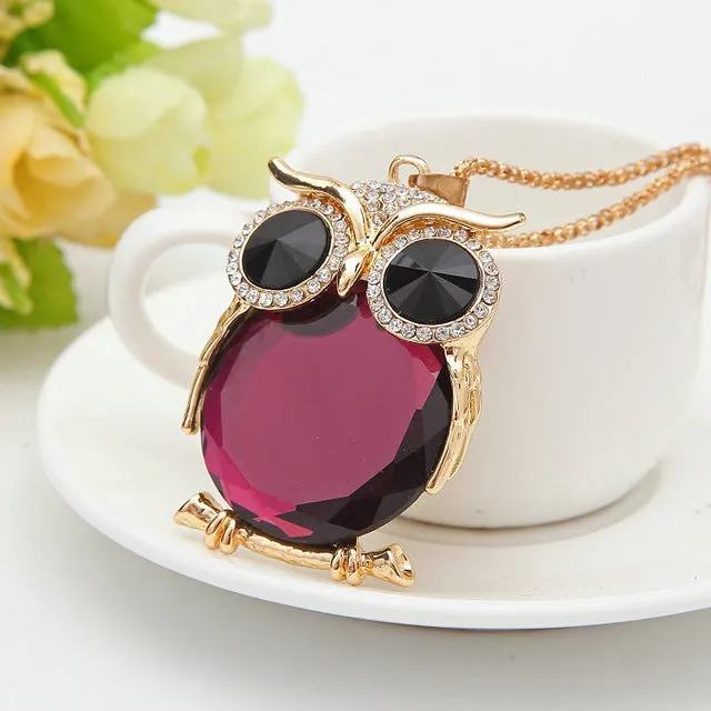 8 Colors Trendy Owl Necklace Fashion Rhinestone Crystal Jewelry Statement Women Necklace Silver Chain Long Necklaces & Pendants