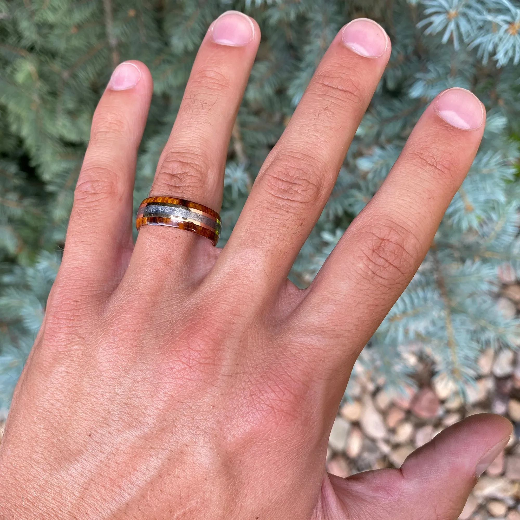 8mm Gold Mens Wedding Band with Meteorite Inlay and Arizona Ironwood - Custom Mens Wedding Rings- 14k Rose Gold Mens Rings