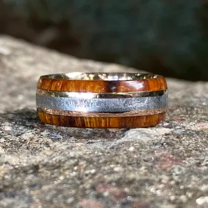 8mm Gold Mens Wedding Band with Meteorite Inlay and Arizona Ironwood - Custom Mens Wedding Rings- 14k Rose Gold Mens Rings