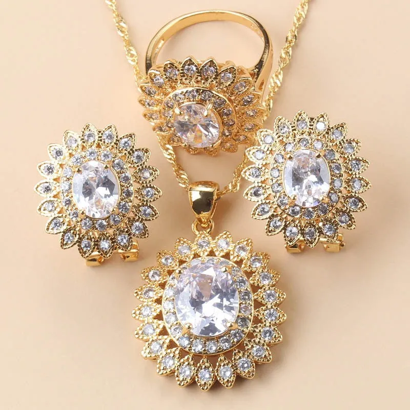 African Wedding Necklace Big Sunflower Jewelry Sets Gold Color Luxury Woman Earrings Charm Bracelet And Ring Bridal Costume