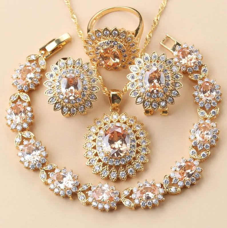 African Wedding Necklace Big Sunflower Jewelry Sets Gold Color Luxury Woman Earrings Charm Bracelet And Ring Bridal Costume