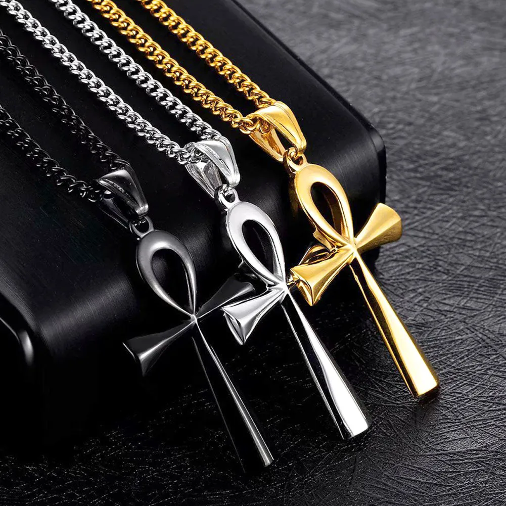 Amulet Pendant Egyptian Ankh Crucifix Necklaces Pendants Stainless Steel Symbol of Life Cross Necklaces Jewelry Gifts Chains