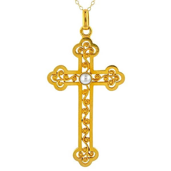 Antique French Pearl Cross Pendant Necklace