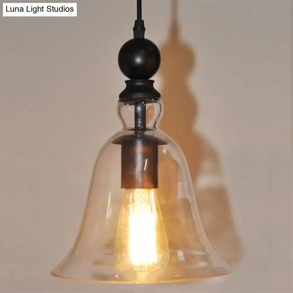 Black Single Ceiling Pendant Lamp Rustic Bell Clear Glass Suspended Lighting Fixture