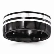 Black Titanium & Sterling Silver 9mm Polished Wedding Band Ring