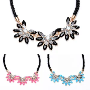 Collar 2016ZA Women Flower Necklace Pendant Multi-layer Black Weave Rope Chain Rhinestone Water Drop Choker Statement Necklace