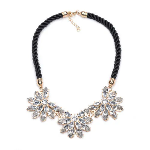 Collar 2016ZA Women Flower Necklace Pendant Multi-layer Black Weave Rope Chain Rhinestone Water Drop Choker Statement Necklace