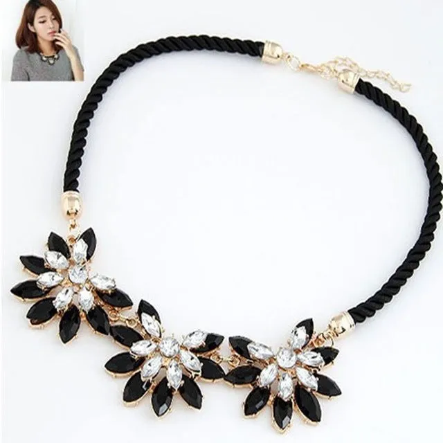 Collar 2016ZA Women Flower Necklace Pendant Multi-layer Black Weave Rope Chain Rhinestone Water Drop Choker Statement Necklace