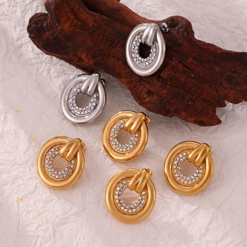 Dazzling Hollow Zircon Ring & Titanium Gold-Plated Earrings Set