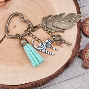 Doreen Box Antique Bronze Key Chains&Key Rings vintage feather heart Key Pendant Stripe Cat Tassel Pendants Mint Green Keychain