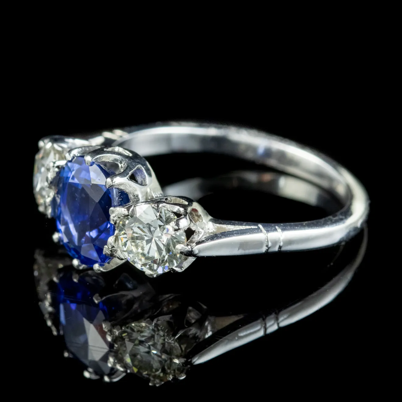 Edwardian Style Sapphire Diamond Trilogy Ring 1.75ct Sapphire