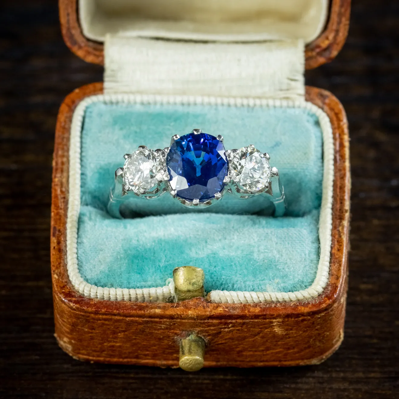 Edwardian Style Sapphire Diamond Trilogy Ring 1.75ct Sapphire