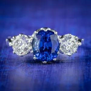 Edwardian Style Sapphire Diamond Trilogy Ring 1.75ct Sapphire