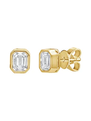 Emerald Cut Illusion Diamond Stud Earrings 14K