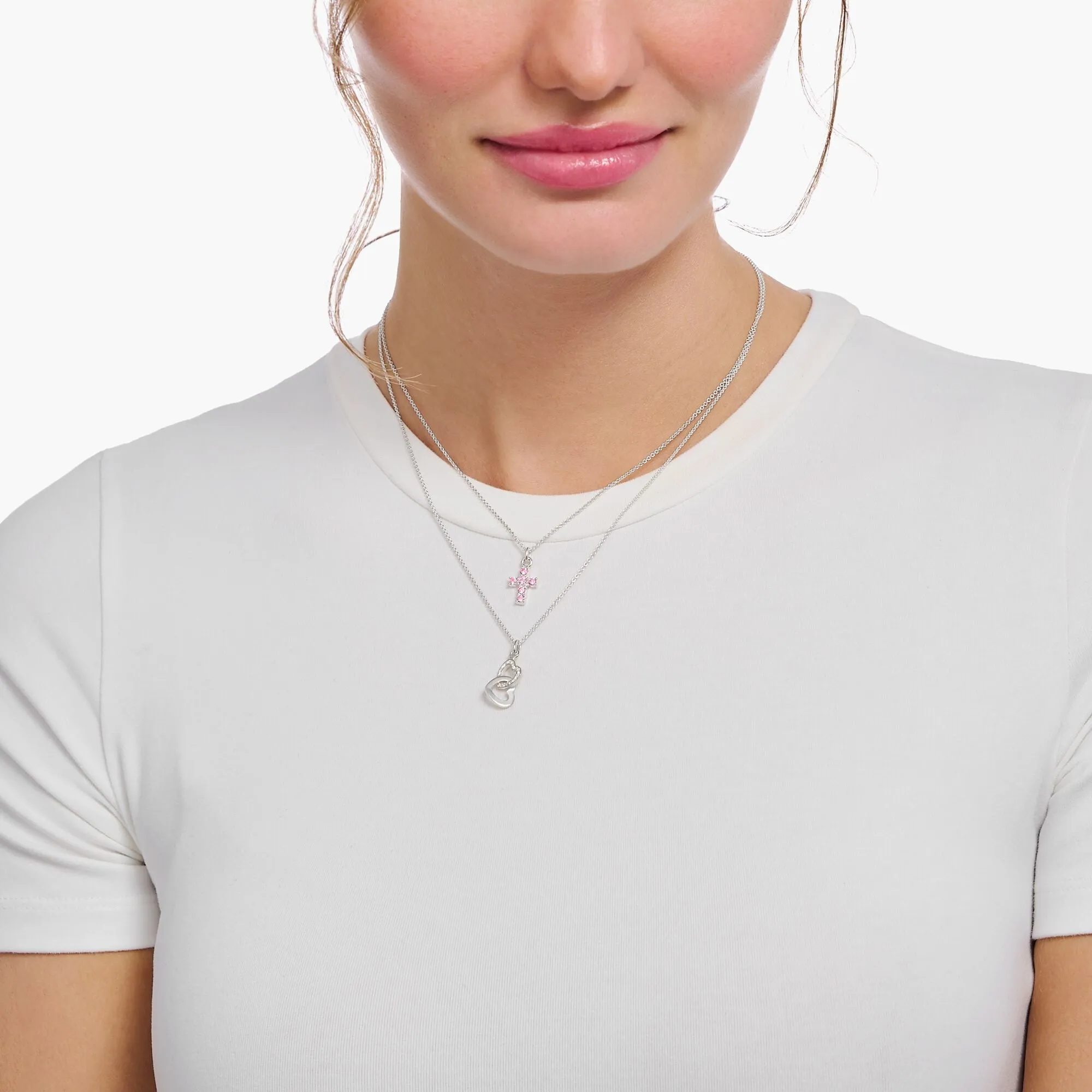 Essentials Sterling Silver Pink Zirconia Cross Necklace KE2226-051-9-L45V