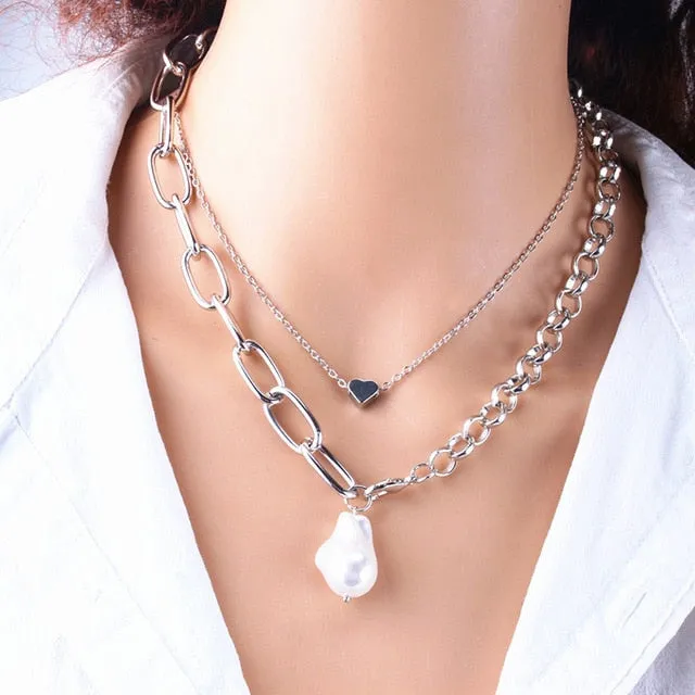 Fashion Gold Silver Chain Pearl Necklace For Women Pearl Metal Pendants Necklaces