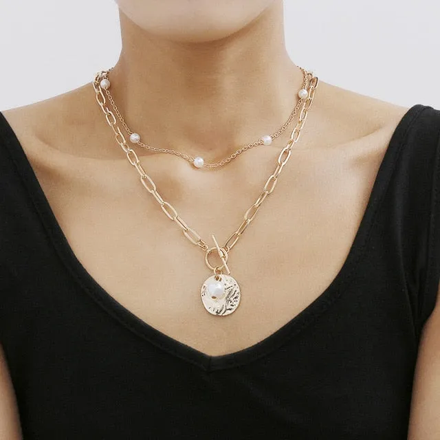 Fashion Gold Silver Chain Pearl Necklace For Women Pearl Metal Pendants Necklaces