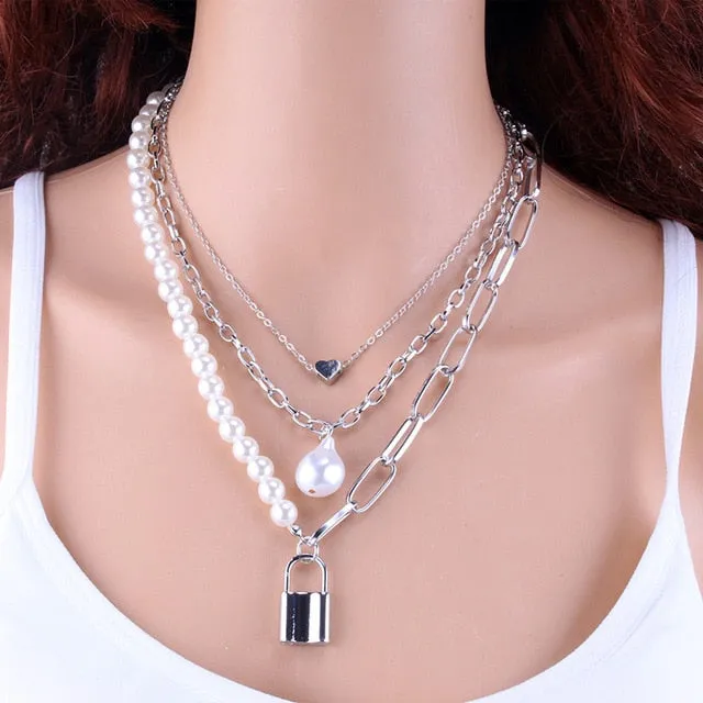 Fashion Gold Silver Chain Pearl Necklace For Women Pearl Metal Pendants Necklaces