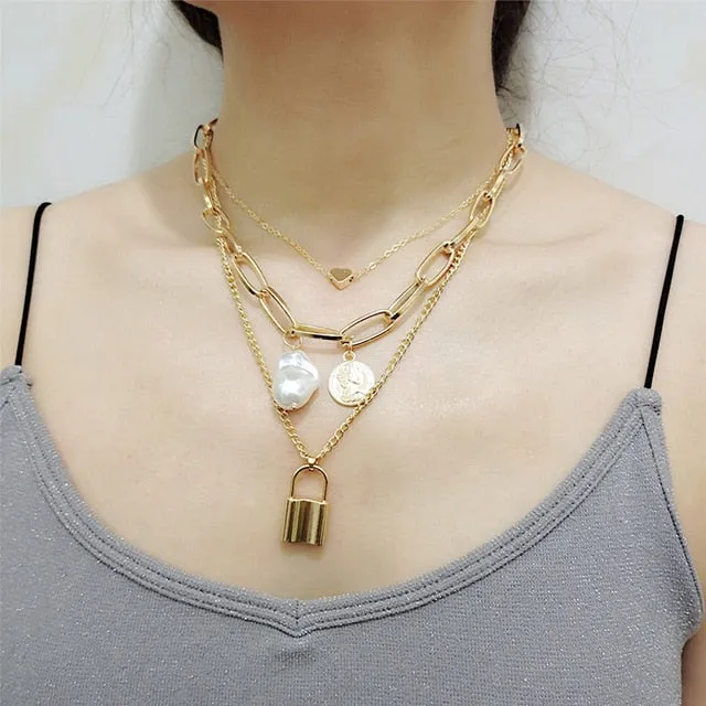 Fashion Gold Silver Chain Pearl Necklace For Women Pearl Metal Pendants Necklaces