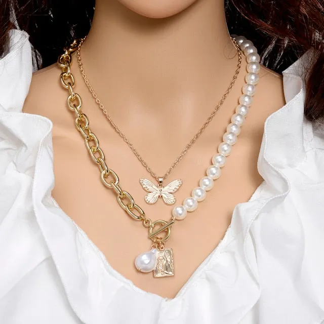 Fashion Gold Silver Chain Pearl Necklace For Women Pearl Metal Pendants Necklaces