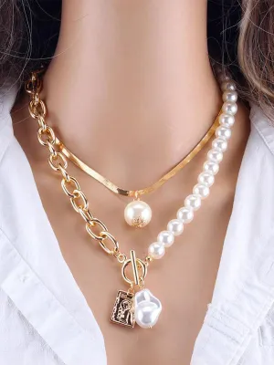 Fashion Gold Silver Chain Pearl Necklace For Women Pearl Metal Pendants Necklaces