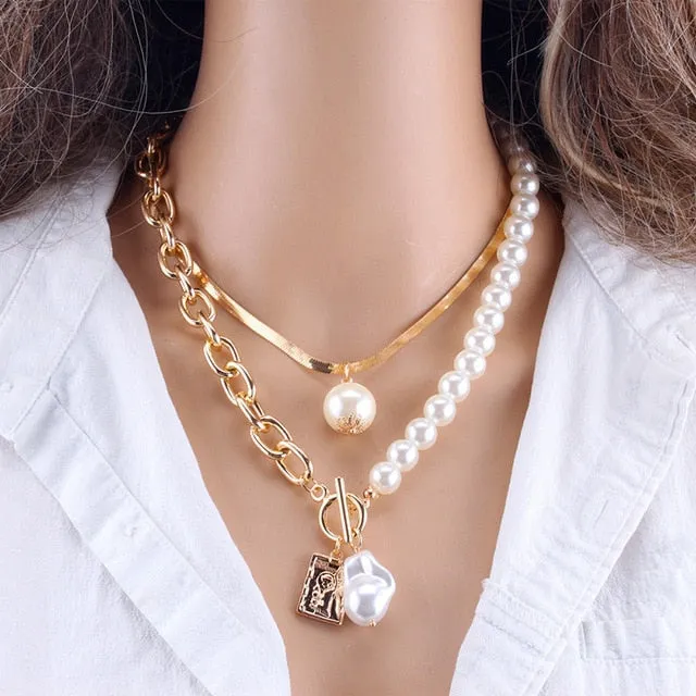 Fashion Gold Silver Chain Pearl Necklace For Women Pearl Metal Pendants Necklaces