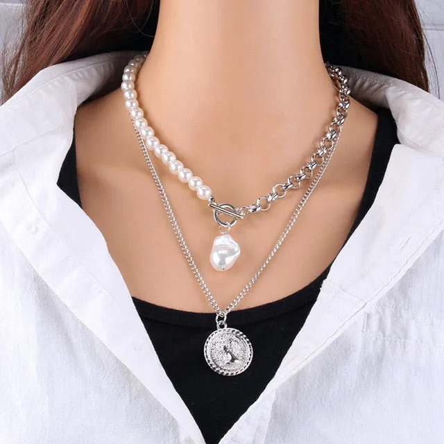 Fashion Gold Silver Chain Pearl Necklace For Women Pearl Metal Pendants Necklaces