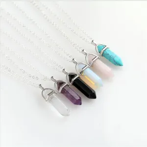 Fashion Hexagonal Column Necklace Natural Crystal Pendants Pink 6 colors Stone Necklaces Chains Pendant For Women Jewelry