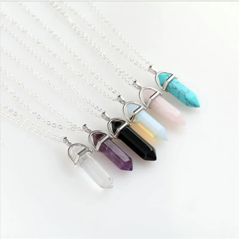 Fashion Hexagonal Column Necklace Natural Crystal Pendants Pink 6 colors Stone Necklaces Chains Pendant For Women Jewelry