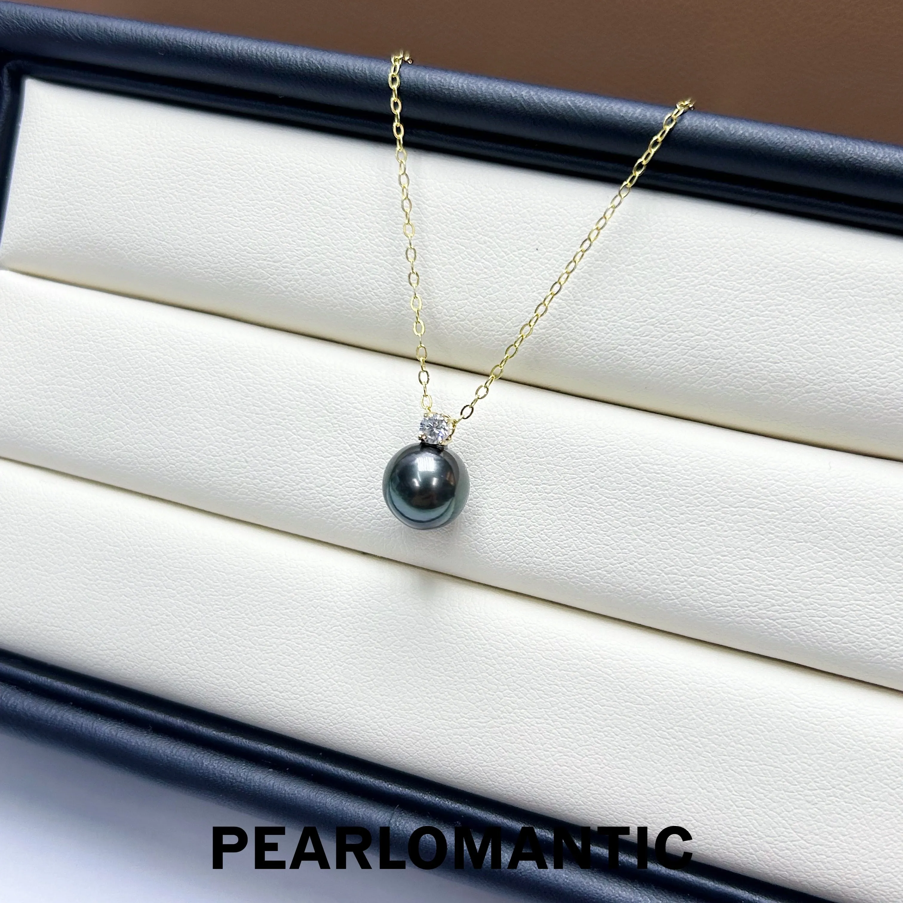 [Fine Jewelry] 18k Gold Tahitian Black Pearl 9-10mm & Zircon Pendants w/ S925 Chain