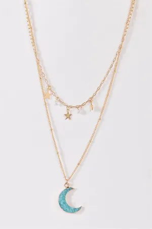 Gold Double Ball Curb Moon Amazonite Crystal Stars Charms Necklace